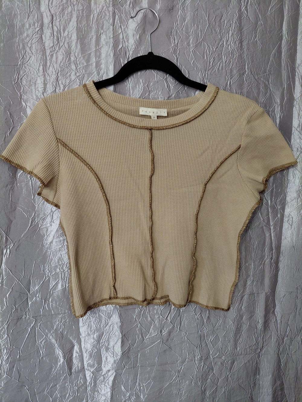 Promesa Beige Cropped Short Sleeve Seam-Trim Top NWT